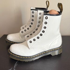 Dr. Martens White Leather Combat Boots with Yellow Stitching
